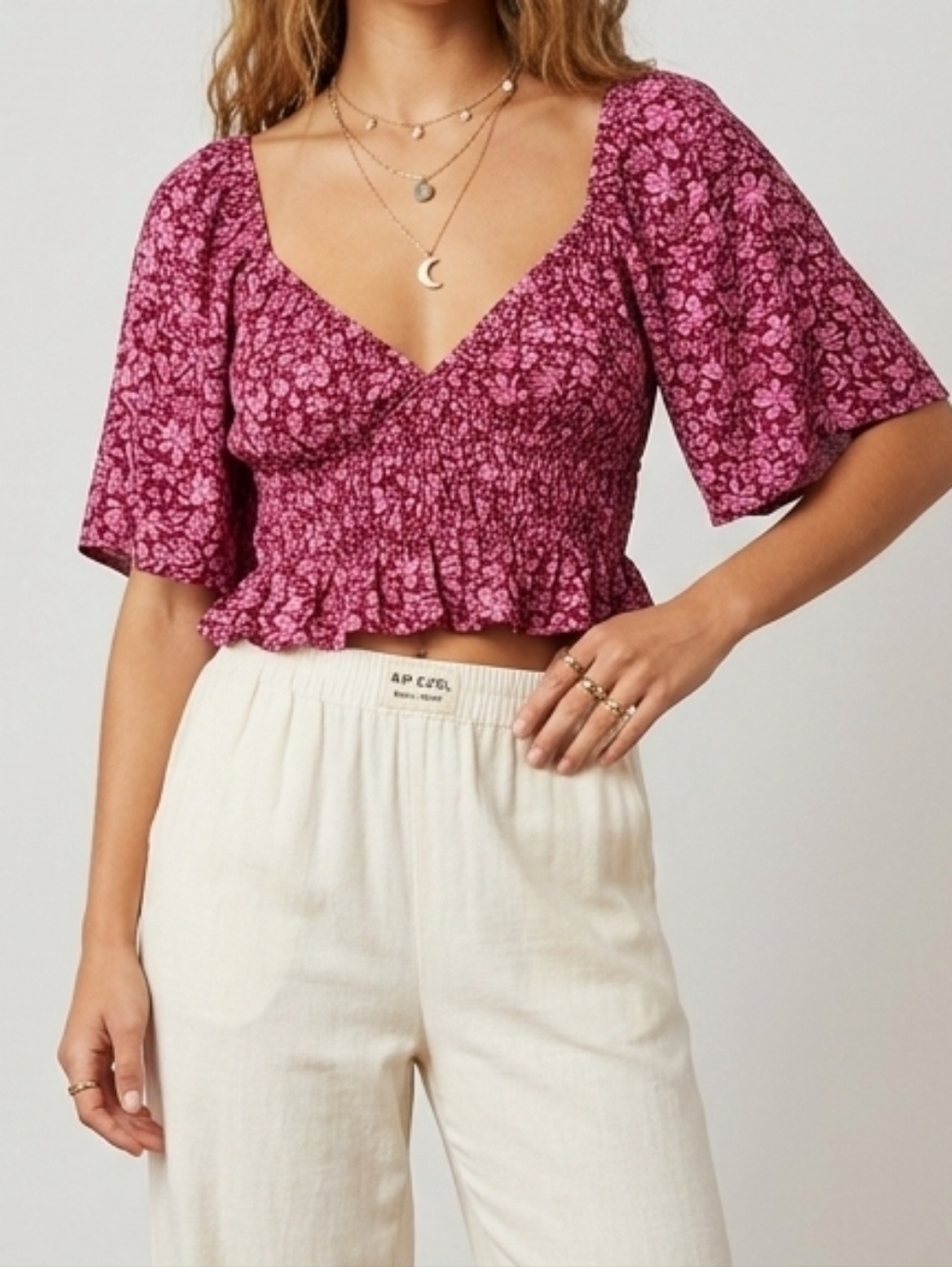 Rip Curl Beach Party Smocked Crop Top Peplum Burgundy Pink Floral NWT Size M